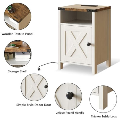 Fameill Farmhouse End Tables Set of 2, Modern White | Nightstands with Charging Station, Bedside Tables with Barn Door and Open Compartment, Rustic Living Room Side Table