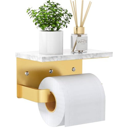 Gypie Toilet Paper Holder with Marble Shelf, Gold Wall Mounted | Toilet Roll Holder for Bathroom Washroom, Extended Base - color: Gold, size: Marble