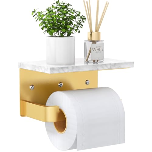 Gypie Toilet Paper Holder with Marble Shelf, Gold Wall Mounted | Toilet Roll Holder for Bathroom Washroom, Extended Base - color: Gold, size: Marble