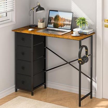 Small Computer Desk with 4 Fabric Drawers, 36 Inch Reversible Writing Desk for Home Office Bedroom, Modern Simple Kids Student Study Desk with Storage, Compact Desk for Small Spaces, Rustic Brown - color: Brown
