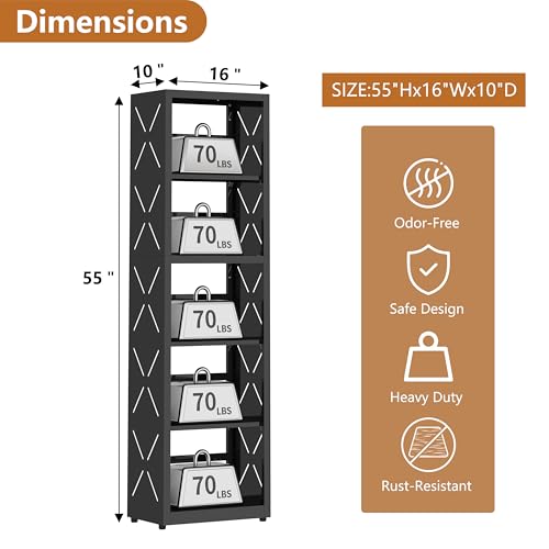 Polup Book Shelf, 5 Tier Metal Bookcase with Adjustable Shelves, Tall Narrow Bookshelf with Bookends, Black Display Shelves for Living Room, Home Office, Library - color: Black, size: 5 Tier-16" W