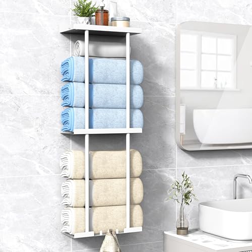 Liuoud Towel Rack for Bathroom, Wall Mounted Vertical Rolled Towel Storage Organizer Holder with Shelf, Holds Up 6 Large Bath Sheets, White Large Size - color: White, size: Larger Size