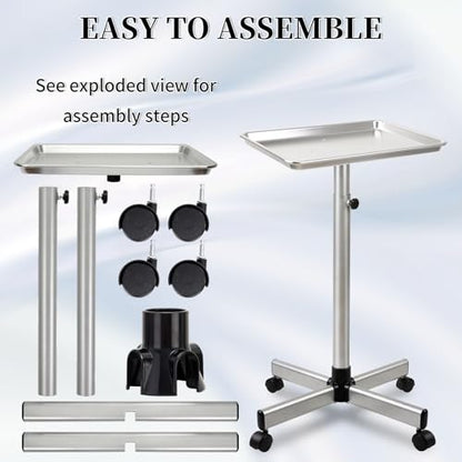 Salon Tray on Wheels, Salon Color Tray with Adjustable Height,Salon Rolling Tray Ideal Use As Metal Mayo Stand Tray,Tattoo Tray, Medical Tray, Dental Tray（Silver） - color: Silver