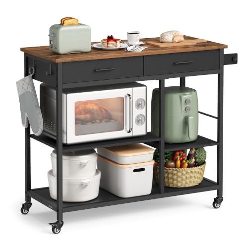 VASAGLE Kitchen Rolling Island, Mobile Kitchen Cart with Storage on Wheels, 17.7 x 38.8 x 35.4 Inches, Towel Rack, 2 Drawers, 2 Hooks, for Dining Room, Rustic Brown and Ink Black UKKI010KD01 - color: Rustic Brown + Ink Black, size: 17.7"D x 38.8"W x 35.4"
