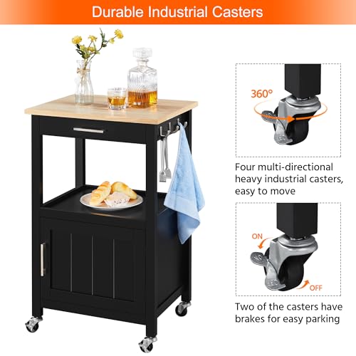 Yaheetech Kitchen Island Cart with Storage, Rolling Kitchen Island on Wheels with 6 Side Hooks, Wood Top Microwave Cart with Drawer for Dining Room, Black - color: Black
