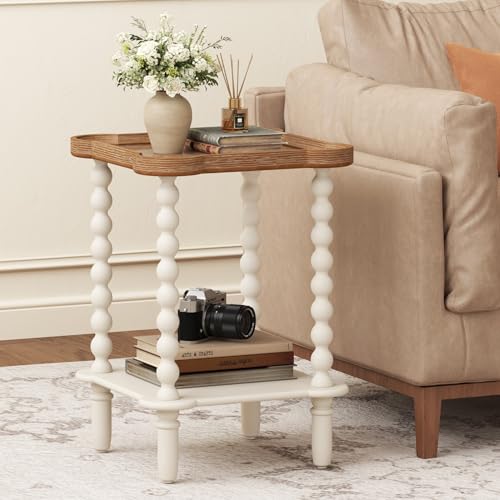 Function Home Square Side Table, 2 Tier Farmhouse End Table with Open Shelf, 17.7" French Country Nightstand for Living Room Bedroom Small Space, Handcraft Natural Tray Top & Vintage White Spindle Leg - color: Square