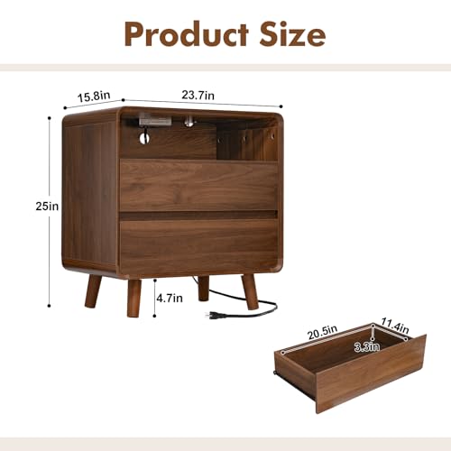 Nasonet Mid Century Modern Nightstand with Charging Station, Wood Bedroom End Tables Nightstands with Drawers, Curved Bedside Table for Living Room, Bedroom, Walnut - color: Walnut, size: 2 Drawers