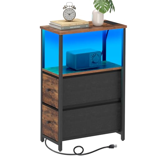 TUTOTAK Narrow LED End Table, Skinny Side Table with Charging Station | Bedside Table with Outlets, Slim Nightstand with 2 Cloth Drawers for Small Space, Living Room, Bedroom, Brown TB01BB085L - color: Brown, size: 1 Pack (2 Drawers), style: Plug & LED