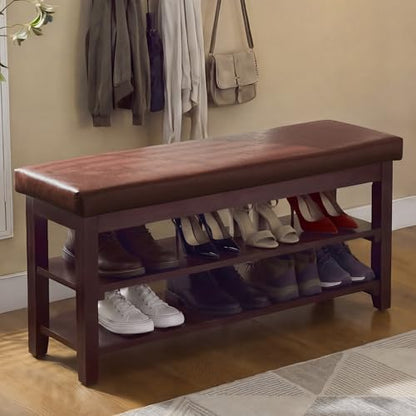 40" Faux Leather Shoe Storage Bench Entryway, Upholstered Bench with Leather Cushion, Solid Wooden 2 Tier Rack Shoe Organizer for Entry Way, Bedroom, Living Room, Dark Brown - color: Dark Brown