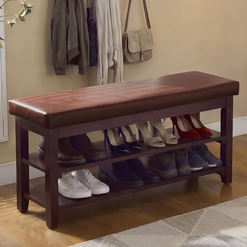 40" Faux Leather Shoe Storage Bench Entryway, Upholstered Bench with Leather Cushion, Solid Wooden 2 Tier Rack Shoe Organizer for Entry Way, Bedroom, Living Room, Dark Brown - color: Dark Brown
