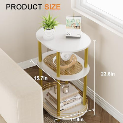Small Rattan Side/Accent Table with Storage, 3 Tier Round/Oval End Table with Rattan Shelf & Metal Basket, Boho Nightstand, Tool Free Assembly/Screw-Hole Free Tabletop-Living Room Bedroom-Black - color: White-rattan, size: 1PC
