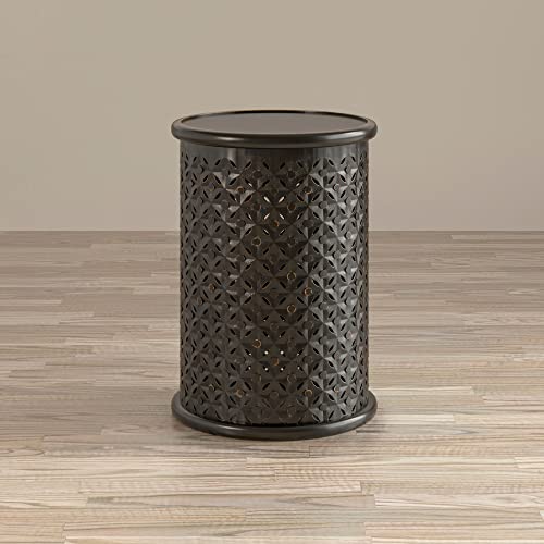 Jofran Mango Wood Drum End Table with Distressed Finish, Rustic Global Style Side Table for Living Room Bedroom, Accent Table, Antique Black - color: Antique Black