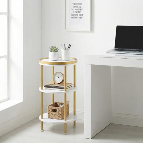 Small Round Side Table, Gold Round End Table with White Shelves, 3-Tier Modern Nightstand for Bedroom & Living Room, 21.7" H Narrow Gold Accent Table for Small Spaces, Dorm, Nursery (White & Gold) | Gold Round End Table with White Shelves, Nightstand for