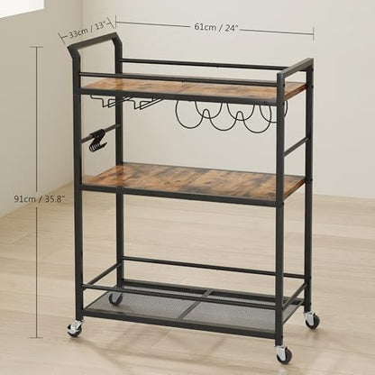3 Tier Bar Cart, Small Beverage Cart, Mini Bar Cart with Wine Rack, Home Bar Serving Cart with Wheels for Kitchen Dining Living Room (Rustic Brown, General) GBC507R - color: Rustic Brown, size: General