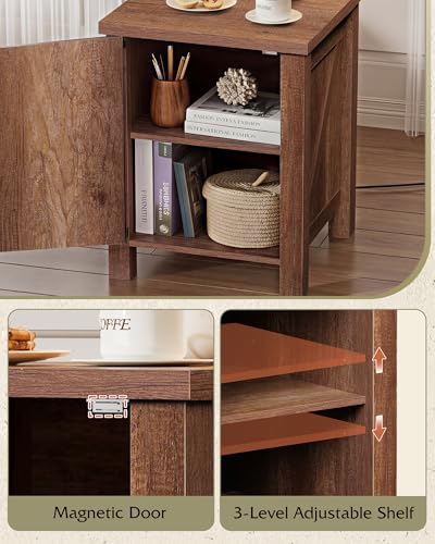 WLIVE Farmhouse Nightstand with Charging Station, Rustic Brown End Table with Barn Door and Adjustable Storage Shelf, 18" Modern Wood Night Stand Bedside Table for Bedroom - color: Rustic Brown