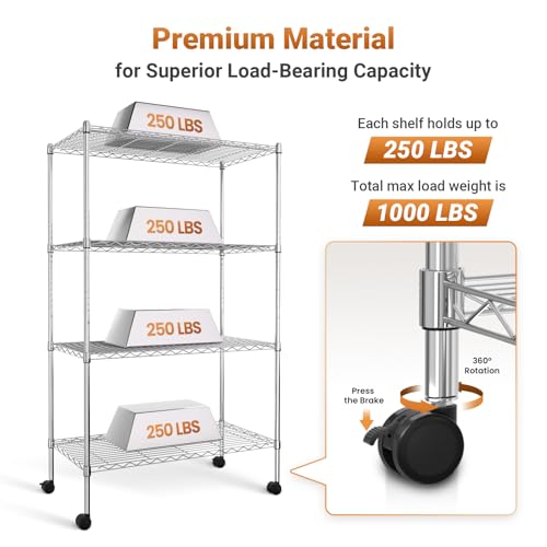 Simple Deluxe Heavy Duty 4-Shelf Shelving with Wheels, 35.43" D x 17.72" W x 61.02" H Adjustable Steel Organizer Wire Rack 1000 Lb Capacity, Chrome - size: 4-Tier, 17.72"W x 35.43"D x 61.02"H
