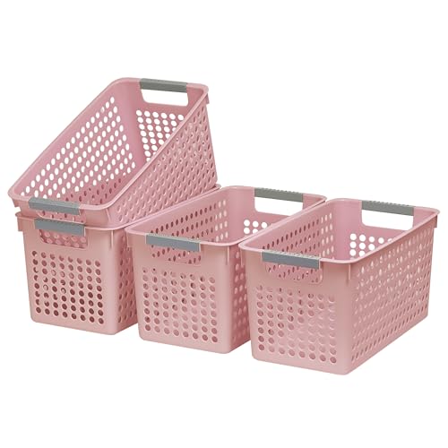 Soddeph Slim Plastic Storage Basket with Handles, Narrow Organizer box for Shelves, Organizer box for Organizing, Kitchen,Home,Office (Pink, Medium) - color: Pink, size: Medium