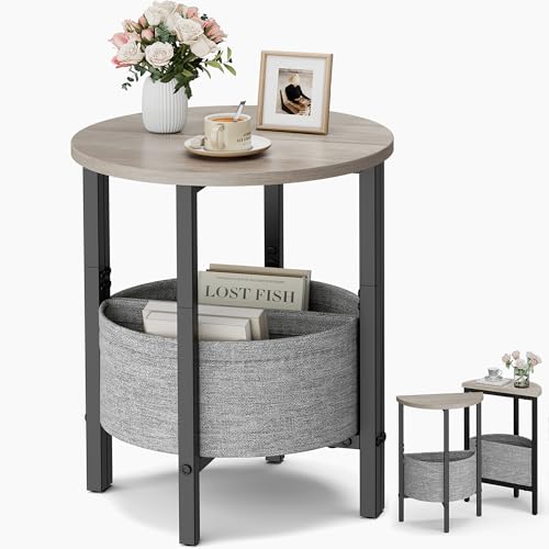 Vagusicc Small Round Side Table End Table, Tall Accent Table with Storage Basket, Set of 2 Half Round Tables Half Moon Tables, Coffee Bedside Tables, Modern Nightstand for Living Room Bedroom, Gray - color: Greige