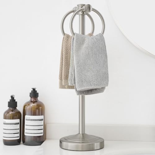 Hoimpro 17" Brushed Nickel Standing Towel Rack Bracket, Double Towel Ring Hand Towel Free Stand Holder Bathroom Hardware Accessories Set, Towel Bar for Bathroom Vanities and Kitchen Countertops - color: Brushed Nickel