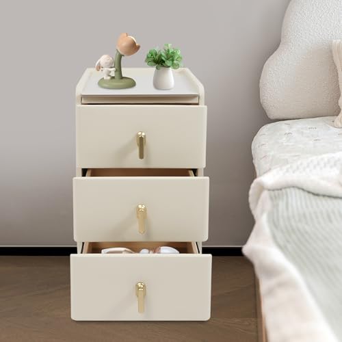 DYRABREST Narrow Nightstand with 3 Drawers, 11.8 Inch Slim Bedside Cabinet, Modern Bedroom Furniture with Scratch Resistant Rock Top & Silent Slides, for Small Space, Apartment, Dorm