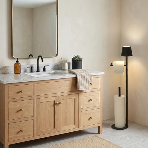 Black Toilet Paper Holder Stand with Storage, Free Standing Toilet Paper Holder for Bathroom, Toilet Paper Storage Stand with Wireless Lamp, Freestanding Toilet Paper Holder
