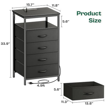 Huuger Night Stand with Charger Station and LED Lights, 4 Drawer Nightstand, Bed Side Table with Open Shelf, End Table, Fabric Dresser for Bedroom, Black - color: Black, size: 11.8"D x 15.7"W x 33.9"H（4 Drawers）