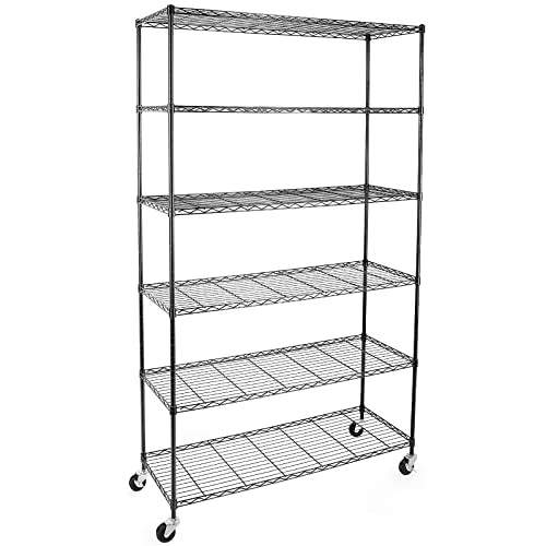 NSF Certified Storage Shelves on Wheels, Heavy Duty Metal Shelves for Storage with Adjustable Stand, 6-Tier Wire Shelving Unit for Garage Pantry Kitchen Shelf Rack(17" W*47" D*80" H), Black - size: 6tier 47"D x 14"W x 80"H