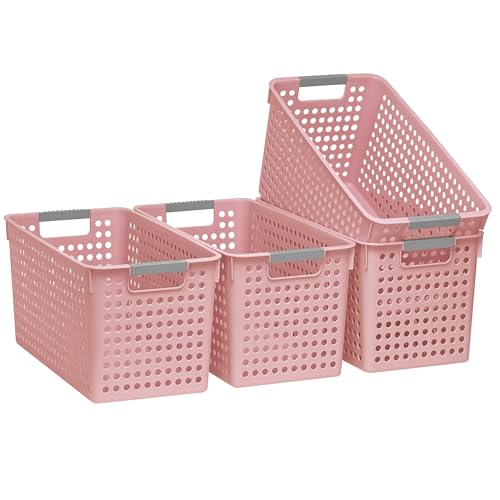 Soddeph Slim Plastic Storage Basket with Handles, Narrow Organizer box for Shelves, Organizer box for Organizing, Kitchen,Home,Office (Pink, Large) - color: Pink, size: Large