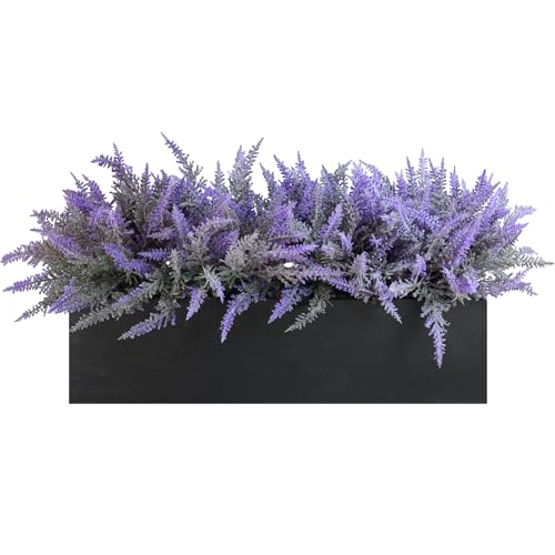 Winlyn 14" Artificial Lavender Arrangement Faux Lavender Flowers in Rustic Black Wooden Planter Box Realistic Lavender Potted Plant for Gift Farmhouse Home Wedding Table Centerpiece Mantel Shelf Décor