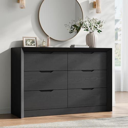YANSNWO Black 6 Drawer Dresser for Bedroom, 47.2" Wide Chest of Drawers | Unique Front Panel, Thickened 2" Tabletop & 3" Base, Hidden Handles, Mid-Century for Bedroom/Living Room/Hallway - color: Black, size: 15.6"D x 47.2"W x 31.5"H (6 Drawers)