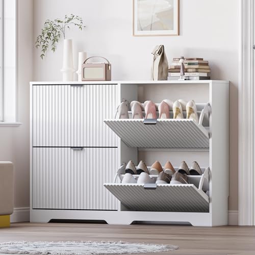 BORNOON Large Shoe Cabinet for Entryway, Shoe Rack Cabinet with 4 Flip Drawer and Adjustable Shelves for Small Apartment, Foyer - color: White, size: 4-Drawer