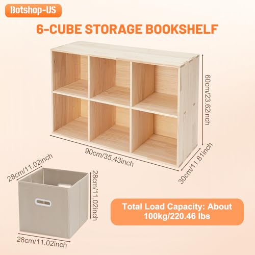 Gdrasuya10 6 Cube Bookshelf with 3 Storage Baskets, Modern Wood Horizontal Bookcase, Natural Large Book Case, Freestanding Book Organizer Display Shelf for Bedroom, Living Room, Office - size: 6 Cubes with 3 baskets