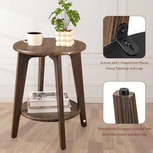 Small Round Side Table Wooden End Table with Lower Shelf Modern Nightstand Bedside Tables for Small Spaces, Living Room, Bedroom Rustic Brown - color: Rustic Brown