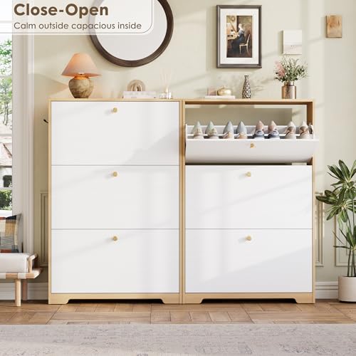 Nicetree Shoe Storage Cabinet for Entryway, Modern Shoe Cabinet, Freestanding Shoe Rack Cabinet, Hidden Shoe Dresser for Hallway,Foyer, Natural Oak and White - color: Natural Oak and White, style: 3-Drawers