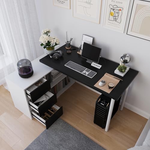 Mekminop L Shape Small Desk - Computer Corner Desk with 3 Drawers and 2 Shelves, 53 inch Home Office Table with Storage Cabinet for Gaming Writing Study, White+Black - color: White+black