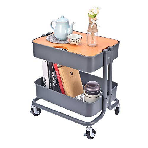 Melody House 2-Tier Metal Utility Rolling Cart Storage Side End Table with Cover Board for Office Home Kitchen Organization, Dark Gray - color: A- Dark Gray