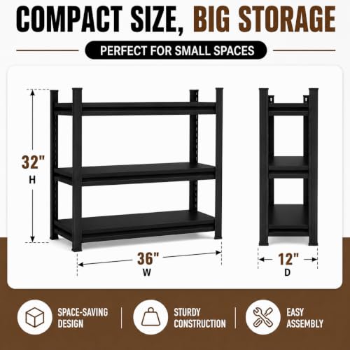 3 Tier Metal Bookshelf, Adjustable Tall Bookcase, Heavy Duty 1800 LBS Modern Deep Book Shelf, Bolt-Free Storage Shelves for Living Room, Home Office, Garage, 36" Wx 12" Dx 32" H - size: 3 Tier-36"Wx 12"Dx 32"H
