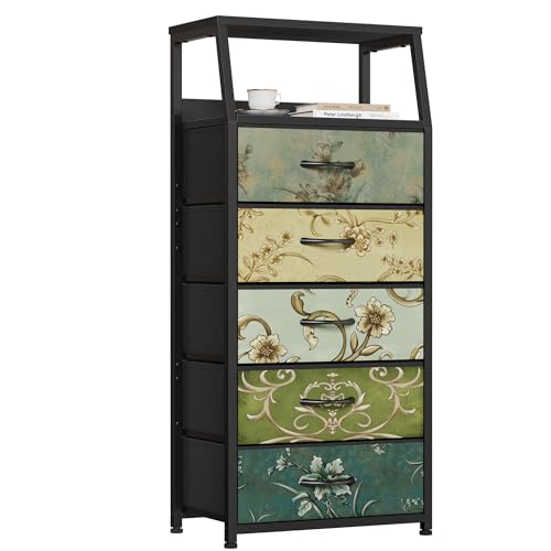 Furnulem Retro 5 Drawers Dresser, Tall Dressers for Bedroom, Closet, Hallway, Nursery, Fabric Storage Tower Organizer, Vertical Nightstand Side Table Furniture, Steel Frame, Wood Top - color: Vintage Floral, style: 5 Drawers