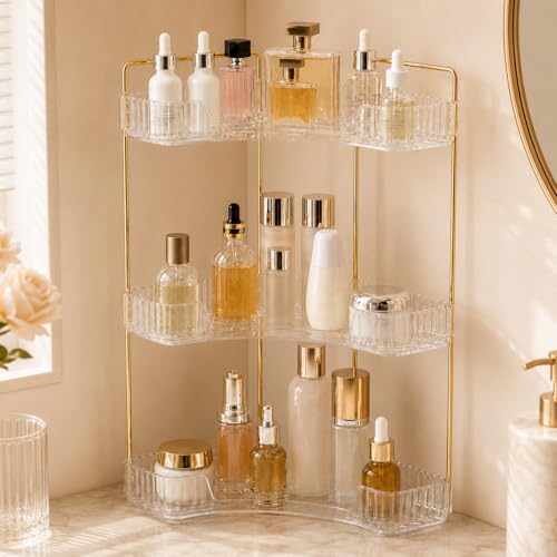 Ceruaxb 3-Tier Corner Bathroom Counter Organizer, Plastic Countertop Makeup Organizer, Large Capacity Vanity Bathroom Perfume Shelf Rack for Kitchen Office Desktop (Clear) - color: Clear