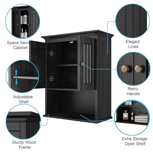 Treocho Wood Wall Cabinet Bathroom Medicine Cabinet Storage with Doors and Adjustable Shelf Wall Mount for Bathroom, Livingroom, Kitchen, Cupboard, Black - color: Black