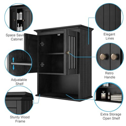 Treocho Wood Wall Cabinet Bathroom Medicine Cabinet Storage with Doors and Adjustable Shelf Wall Mount for Bathroom, Livingroom, Kitchen, Cupboard, Black - color: Black