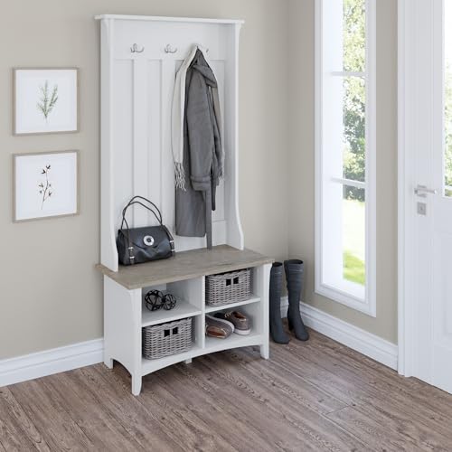 Bush Home Salinas Hall Tree with Shoe Storage Bench in Shiplap Gray and Pure White, Multi-Purpose Home Organizer, Entryway Solution with Seating and Hooks - color: Shiplap Gray/Pure White