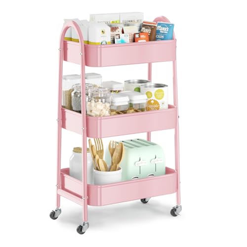 3 Tier Utility Rolling Cart, Metal Storage Cart with Handle and Lockable Wheels, Multifunctional Storage Organizer Trolley with Mesh Baskets for Kitchen, Living Room, Office, Garage (Pink) - color: Pink, size: Normal