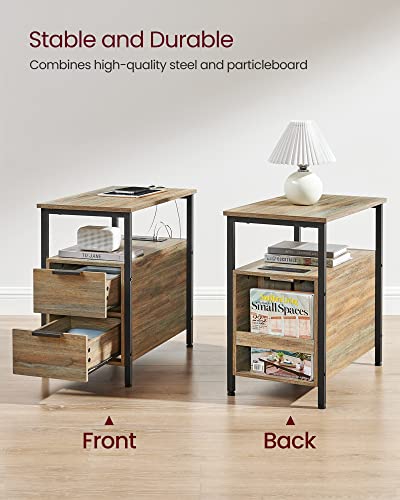 VASAGLE Side End Table with Charging Station, Slim Nightstand with 2 Drawers, Narrow Bedside Table for Living Room, Small Spaces, Turquoise Brown and Ink Black ULET321B60 - color: Turquoise Brown + Ink Black, size: 23.6"D x 13.8"W