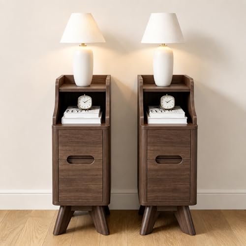 7.87" Narrow Nightstand Set of 2, 2 Drawer Nightstand with Charger Station | Wooden Thin Couch Side End Table, Skinny Bedside Table Small Spaces, Mid Century Modern Night Stand with Drawers, Brown-2Pcs - color: Brown, size: Narrow (2 drawer)