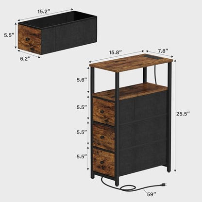 TUTOTAK Narrow Night Stand with Charging Station, Slim End Table | Tall Side Table with 3 Fabric Drawer, Small Bedside Table with Storage, Living Room, Bedroom, Brown TB01BB086 - color: Brown, size: 1 Pack (3 Drawers), style: With Plug