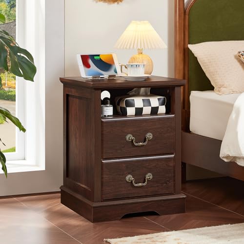Farmhouse Night Stand with Charging Station, 2 Drawers Nightstand with Storage Shelf, Rustic Brown 18" Wide Wood Bedside Table, Bed Side End Tables for Bedroom, Living Room, Walnut - color: Walnut, size: 1PCS