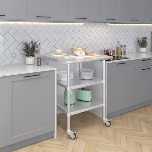 AmGood Stainless Steel Work Table with 2 Shelves and Casters | Metal Utility Table On Wheels (Stainless Steel Work Table with 2 Shelves + Casters, 30" Long x 30" Deep) - size: 30" Long x 30" Deep