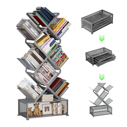 Gintan 9-Tier Modern Book Shelves with Storage, Bedroom Shelves Folding Bookshelves, No Installation Required Shelf Tree Bookcase for Living Room, Study, Home Office, Bed Room (Grey) - color: Big Grey