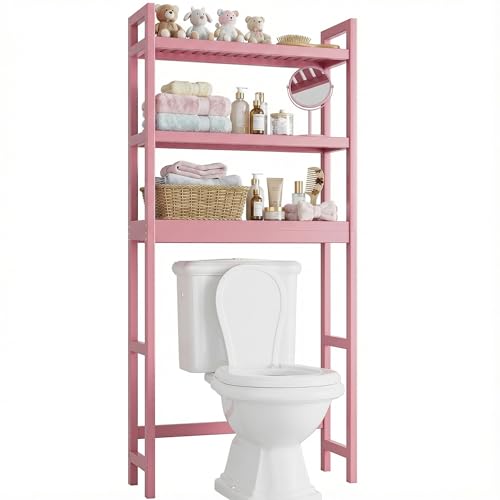 SMIBUY Bathroom Storage Shelf, Bamboo Over-The-Toilet Organizer Rack, Freestanding Toilet Space Saver with 3-Tier Adjustable Shelves (Pink) - color: Pink